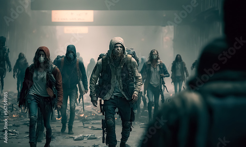 A group of zombies in Destroyed post-apocalyptic city. digital ai art