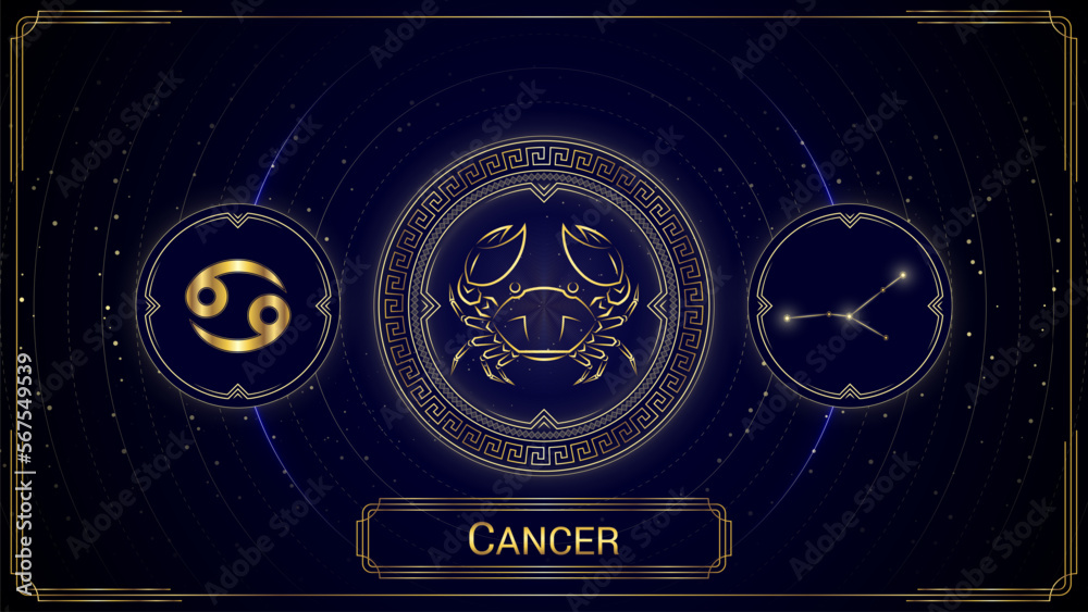 Crab Cancer Zodiac Sign, Symbol, Stellar Star Constellation, Classic Greek Meander Wheel, Horoscope and Astrology, Fortune-Telling, Stellar Backdrop Background