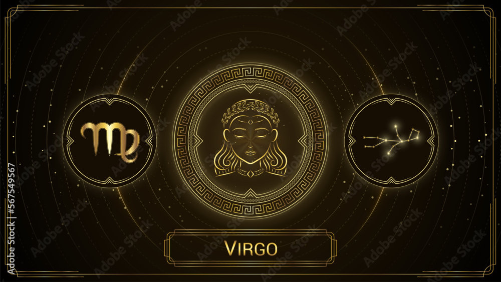 Maiden Virgo Zodiac Sign, Symbol, Stellar Star Constellation, Classic Greek Meander Wheel, Horoscope and Astrology, Fortune-Telling, Stellar Backdrop Background