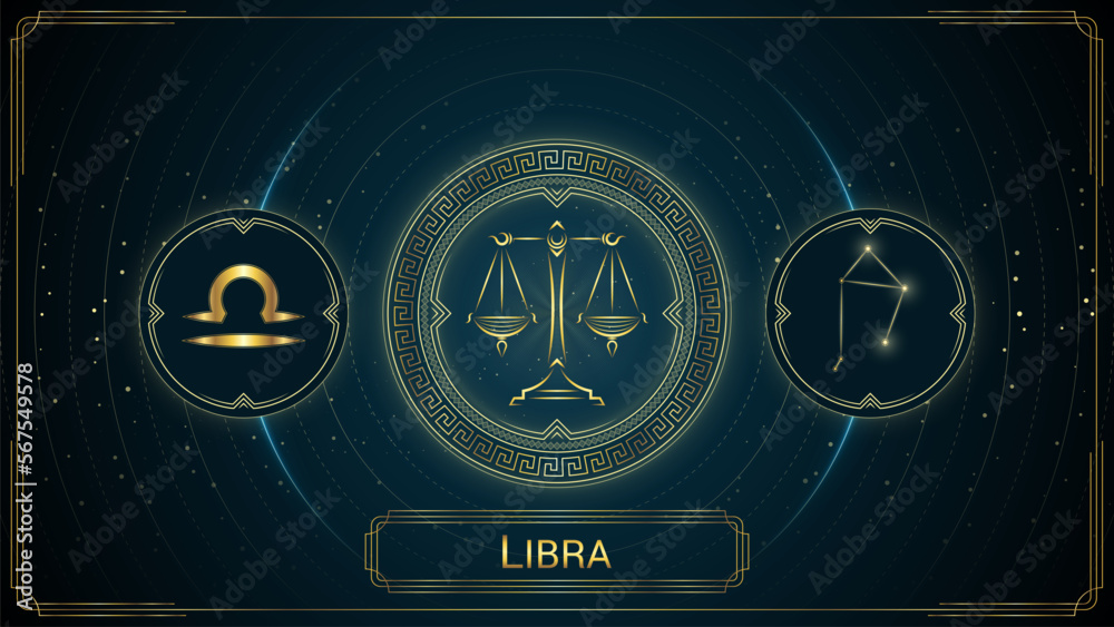 Balance, Scale Libra Zodiac Sign, Symbol, Stellar Star Constellation, Classic Greek Meander Wheel, Horoscope and Astrology, Fortune-Telling, Stellar Backdrop Background