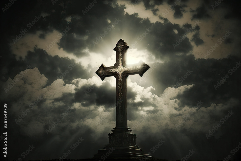 Dramatic shot of a holy church cross set against a gloomy sky that is just starting to open up and let light shine through behind the cross, indicating the Lord's presence. Generative AI