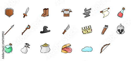 Game Rpg vector icon set, shield, armor, sword, slime, poiton, crown and more photo