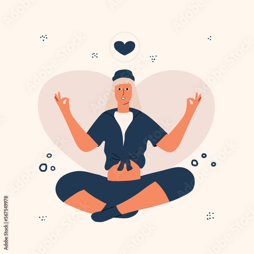 Design art postcard, poster with a meditating woman in the lotus position. Vector hand drawn illustration