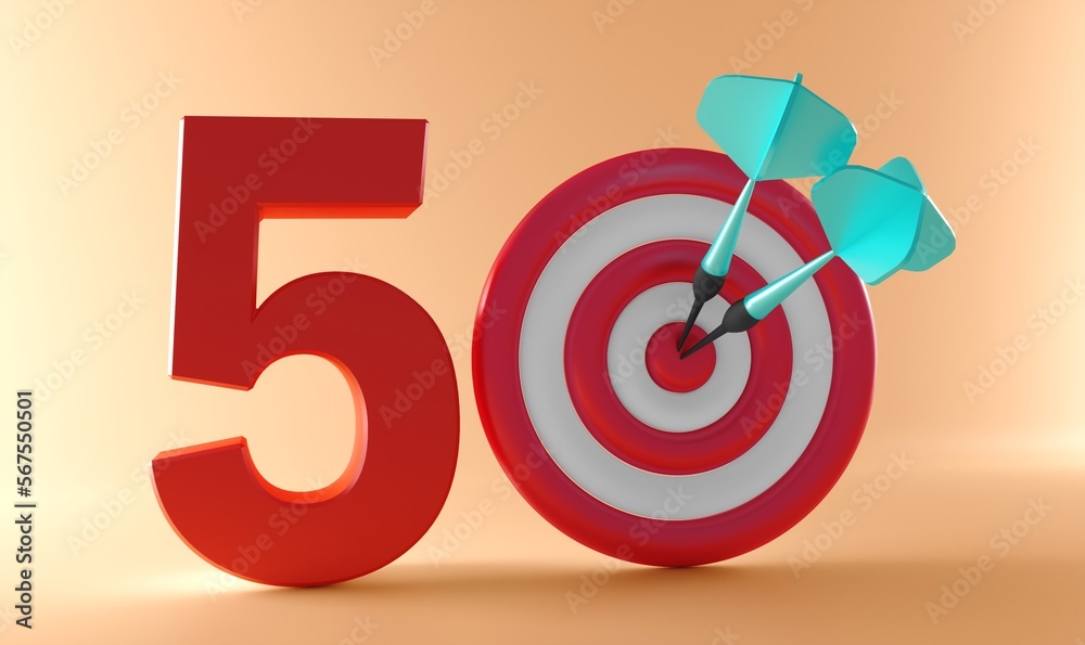 50 Number Text with small dartboard on white background. 50 number 3d