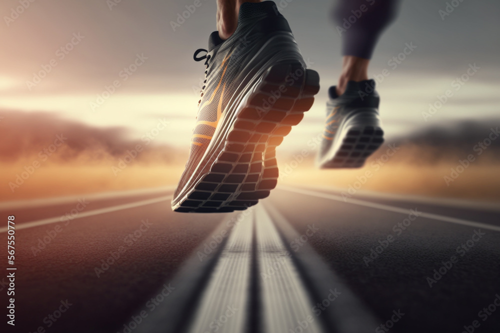 Runner jogging with running shoes, close up very detailed product advertisement illustration for sports marketing or educative purpose