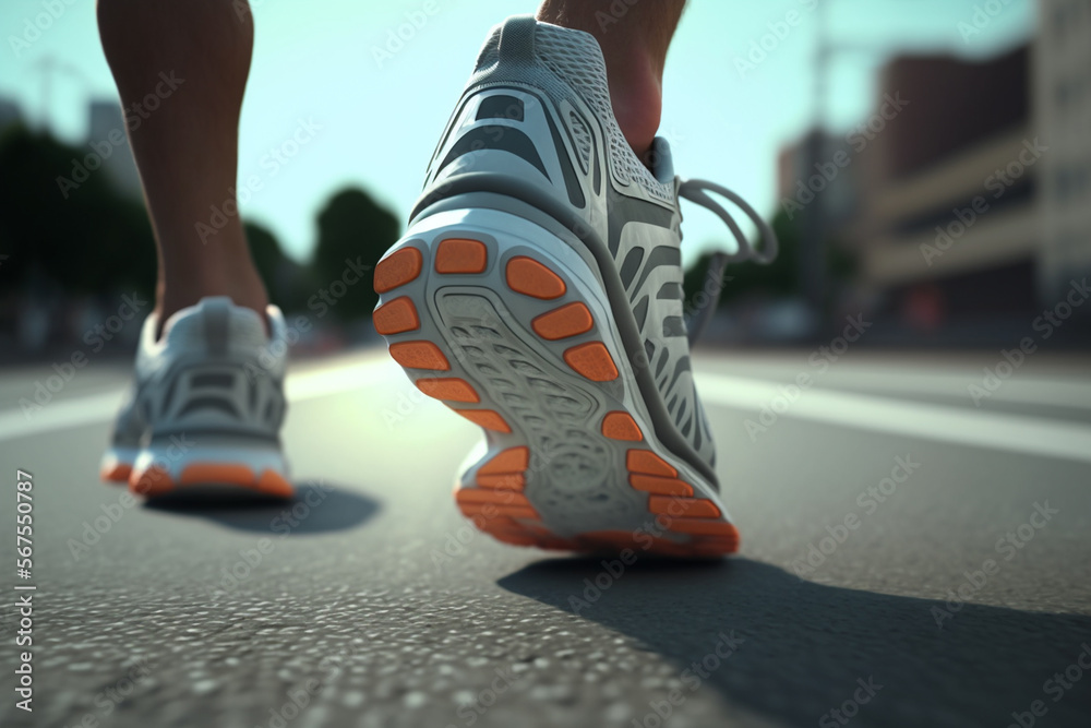 Runner jogging with running shoes, close up very detailed product advertisement illustration for sports marketing or educative purpose