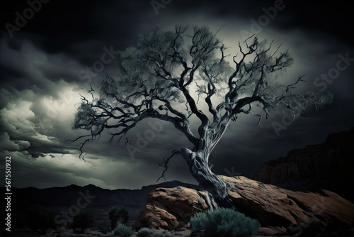 dramatic sky with an aging, lone tree. Generative AI