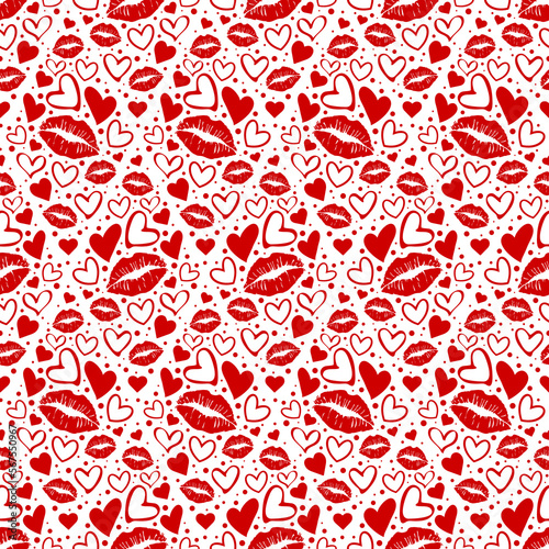 Seamless pattern made up of different red hearts and lipstick female prints for Valentine's day. Endless repeating texture with different red colored female lips and various hearts.