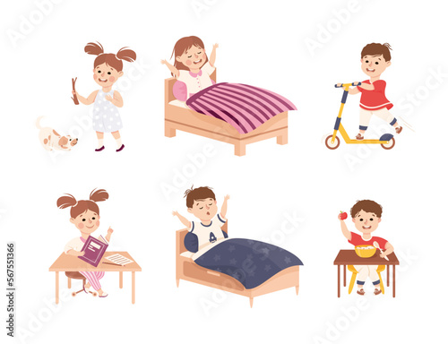 Little Boy and Girl Engaged in Daily Activity and Everyday Routine Vector Set