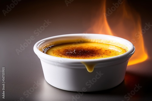 Close up of Creme Brulee with flame fire on it. French traditional cuisine. Generative AI illustration