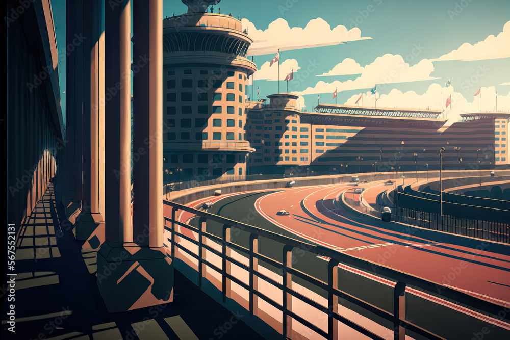 Fototapeta premium Daytime scene of a racetrack with railing and a metropolitan backdrop. Generative AI