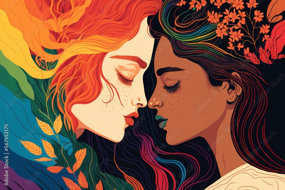 Couple of Latin and Caucasian women about to kiss each other. Hair of rainbow colors. Colorful banner illustration. Generative AI vertical illustration