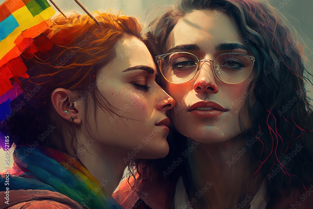 Obraz premium Couple of two young girls portrait with LGBT flag behind. Generative AI vertical illustration