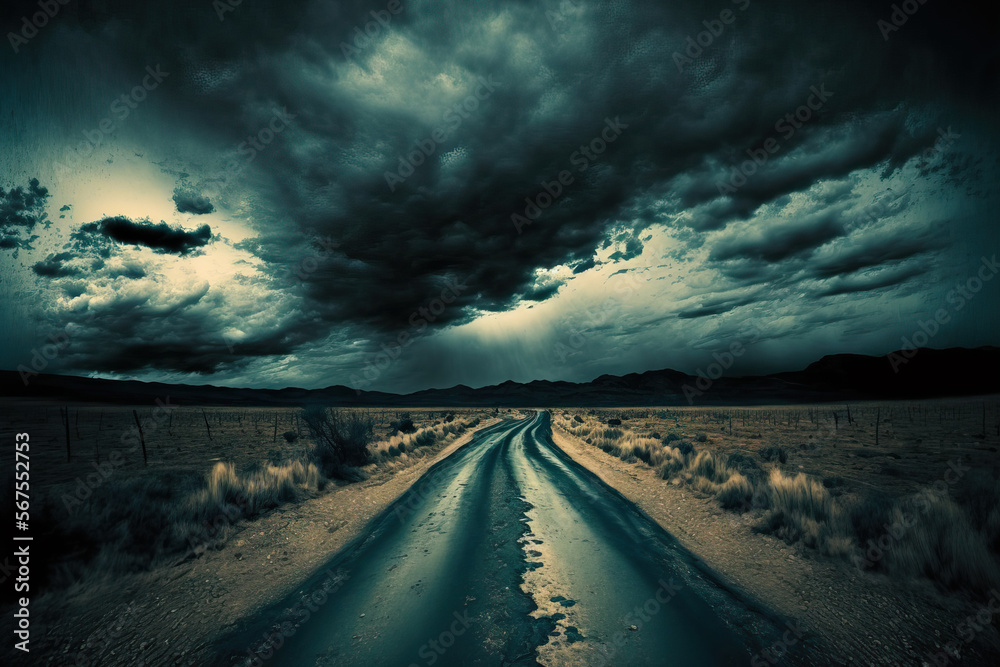 Dirty road and gloomy sky accompany the dark landscape. Cloudscape HDR. Generative AI