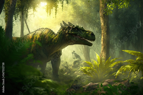 dinosaurs and foliage in a forest. Generative AI © 2rogan