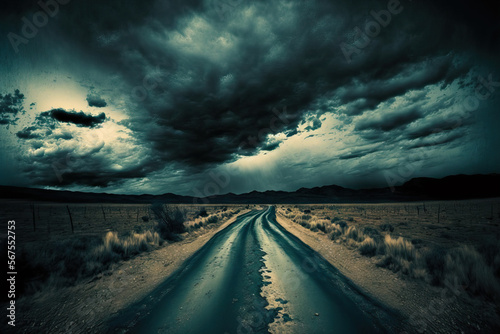 Dirty road and gloomy sky accompany the dark landscape. Cloudscape HDR. Generative AI