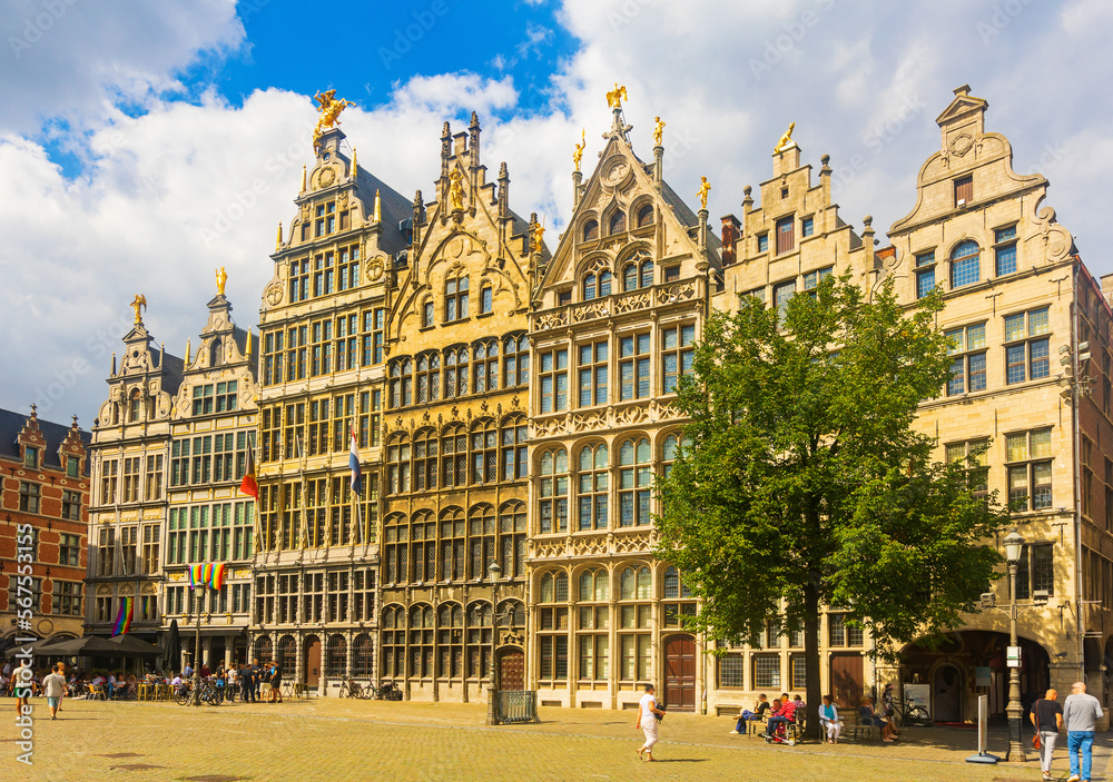 Obraz premium Grote markt of Antwerp, Belgium. Typical belgian buildings decorated with state and lgbt flags.
