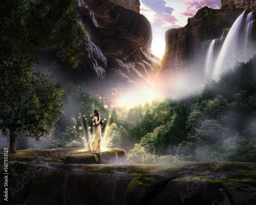 illustration of a fantasy scene of a magical princess fairy in the middle of a dense forest with cliffs and waterfalls