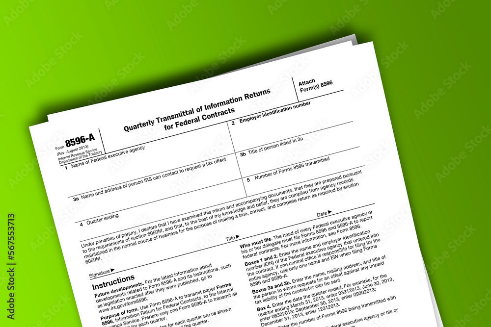 Form 8596-A documentation published IRS USA 08.22.2013. American tax document on colored Form 8596-A documentation published IRS USA 08.22.2013. American tax document on colored