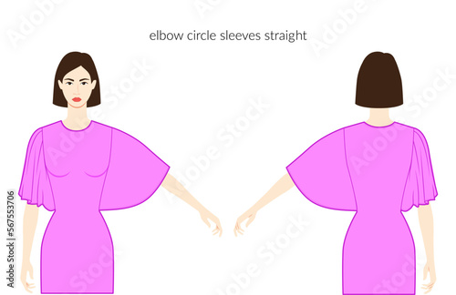 Circle sleeves elbow length clothes character beautiful lady in magenta top, shirt, dress technical fashion illustration, fitted. Flat apparel template front, back sides. Women, men unisex CAD mockup