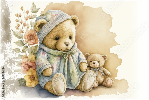 teddy Bear watercolor for greeting cards. Created with Generative AI technology. photo