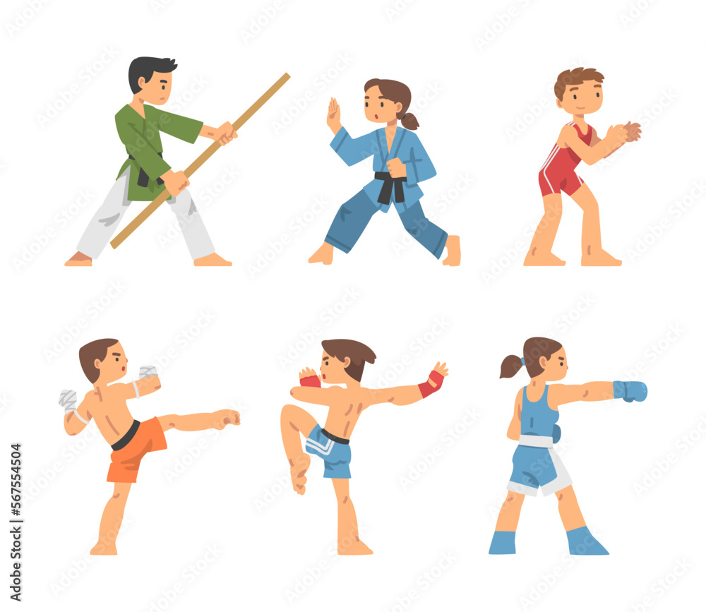 People Character Engaged in Combat Sport or Fighting Sport Competing Vector Illustration Set People Character Engaged in Combat Sport or Fighting Sport Competing Vector Illustration Set