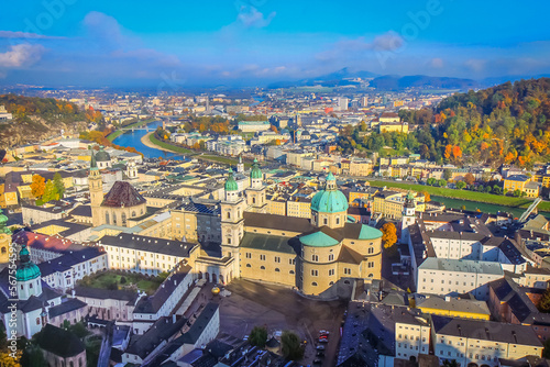 Salzburg medieval old town towers and domes at autumn  Salzburger land  Austria