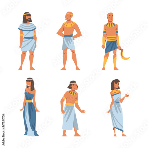 Egyptian Man and Woman Character Wearing Authentic Garment and Necklace Vector Set