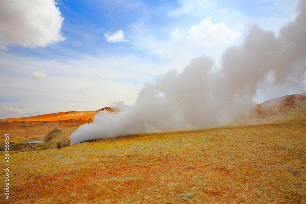 Geysers in Bolivia altiplano, bolivian Andes near Atacama of Chile