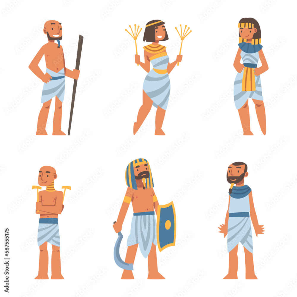 Egyptian Man and Woman Character Wearing Authentic Garment and Necklace Vector Set Egyptian Man and Woman Character Wearing Authentic Garment and Necklace Vector Set