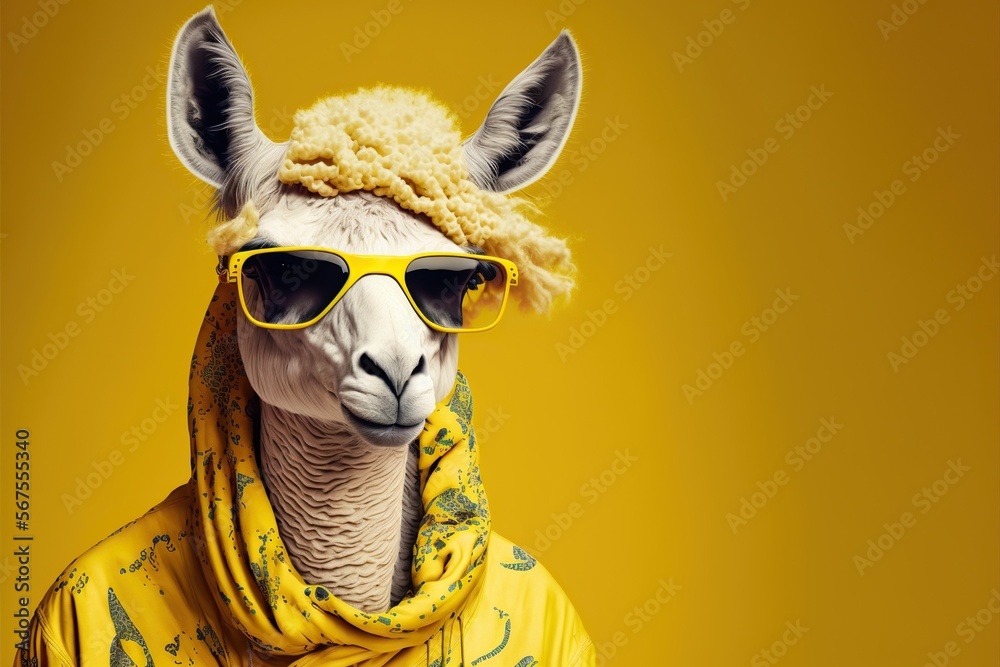 Created with Generative AI technology. lama dressed in hippy clothes on yellow background. Humanization of animals concept - obrazy, fototapety, plakaty 