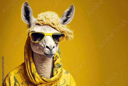 Created with Generative AI technology. lama dressed in hippy clothes on yellow background. Humanization of animals concept photo