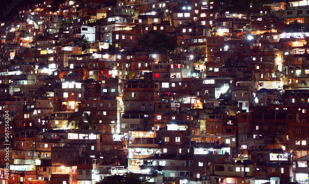 aerial view of a Favela at night in Rio de Janeiro near Copacabana in Brazil