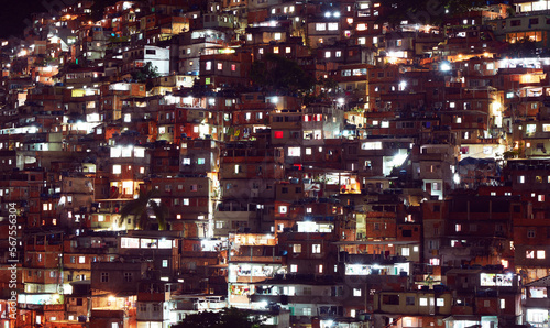 aerial view of a Favela at night in Rio de Janeiro near Copacabana in Brazil photo