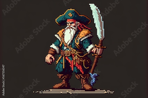 Pixel art pirate character for RPG game, character in retro style for 8 bit game
