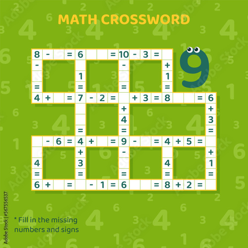 Math Crossword puzzle for children. Addition and subtraction.