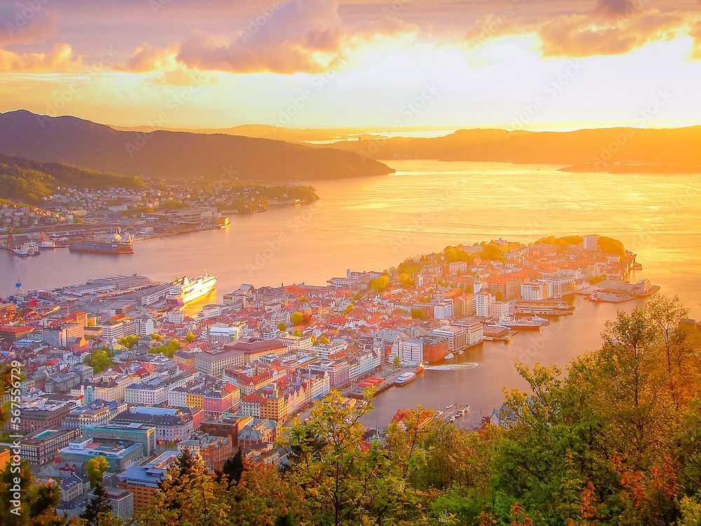 Dramatic sunset view of Bergen from Floyen mountain, Norway