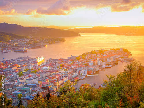 Dramatic sunset view of Bergen from Floyen mountain, Norway