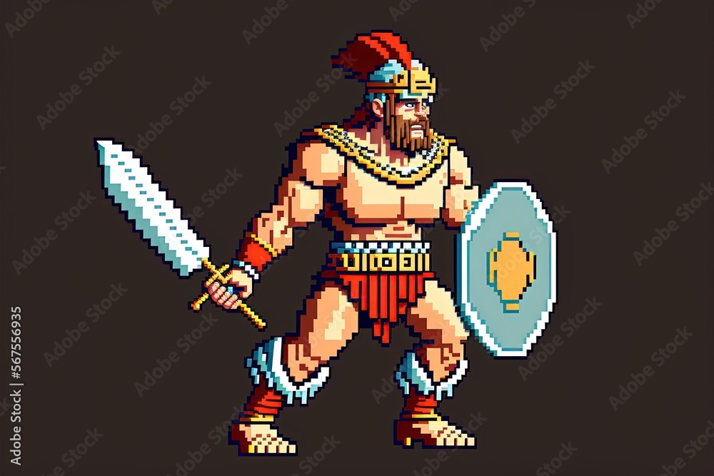 Pixel art warrior character for RPG game, character in retro style for 8 bit game