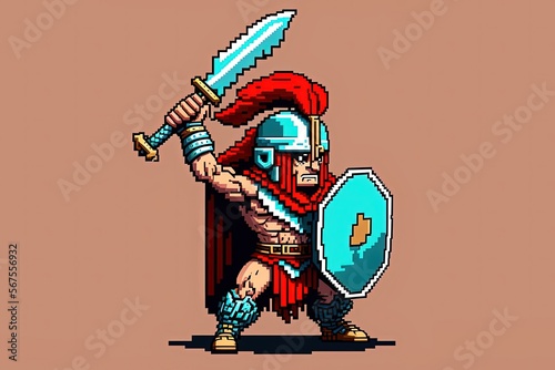 Pixel art warrior character for RPG game, character in retro style for 8 bit game
