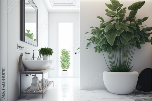 White modern style bathroom with green plants. Relaxed, clean and healthy. Generative AI