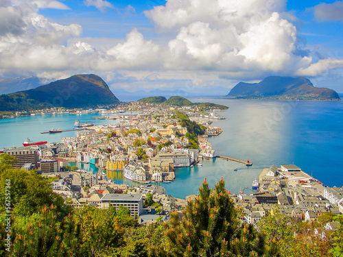 Alesund Art Nouveau Cityscape and bay at sunset from above, Norway