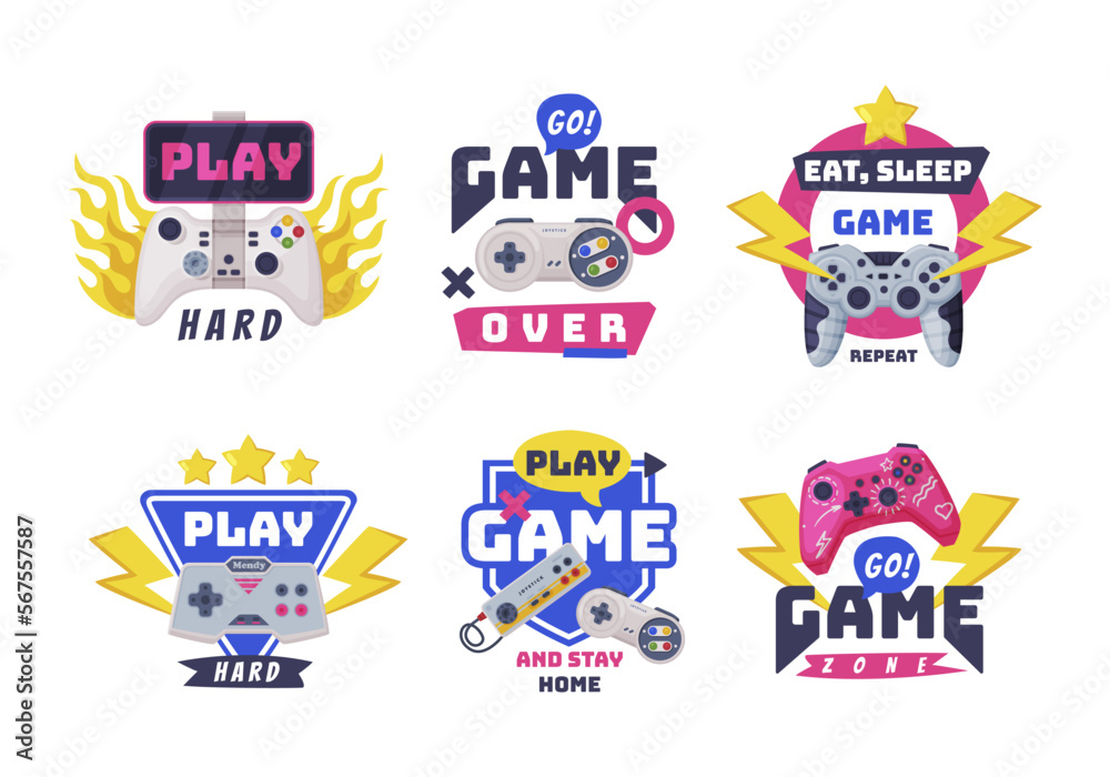 Video Game Play Zone Badge or Label with Controller and Electronic Device for Home Console Vector Set Video Game Play Zone Badge or Label with Controller and Electronic Device for Home Console Vector Set