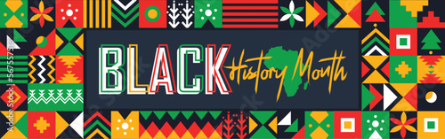 Black History Month Banner. African American History. February or October. Poster, card, background. Yellow Red Green abstract cultural traditional shapes Vector illustration.