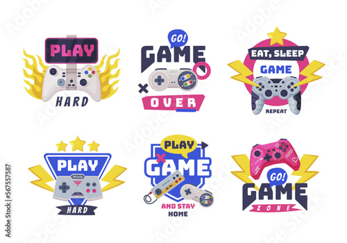 Video Game Play Zone Badge or Label with Controller and Electronic Device for Home Console Vector Set