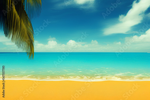 Abstract blur defocused background. Tropical summer beach with golden sand, turquoise ocean and blue sky with white clouds on bright sunny day. Colorful landscape for summer holidays