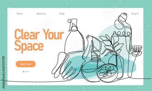 Home cleaning service landing page design concept, illustration of janitors with cleaning tools. Vector illustration