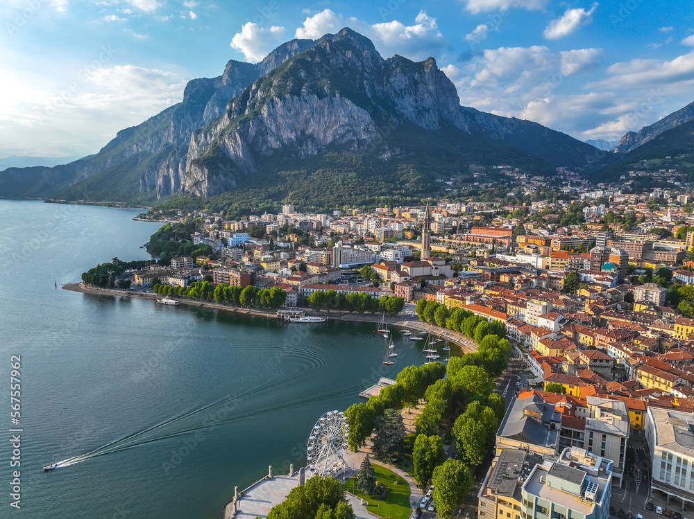 Aerial view of Lecco city in the southeastern shore of Lake Como, in northern Italy.