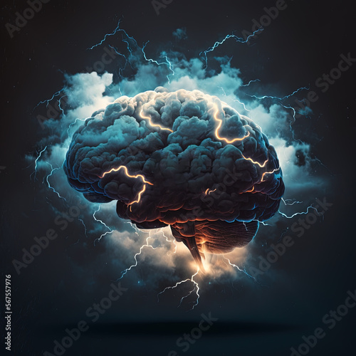 brain having a brainstorm with clouds and lightning by generative AI photo