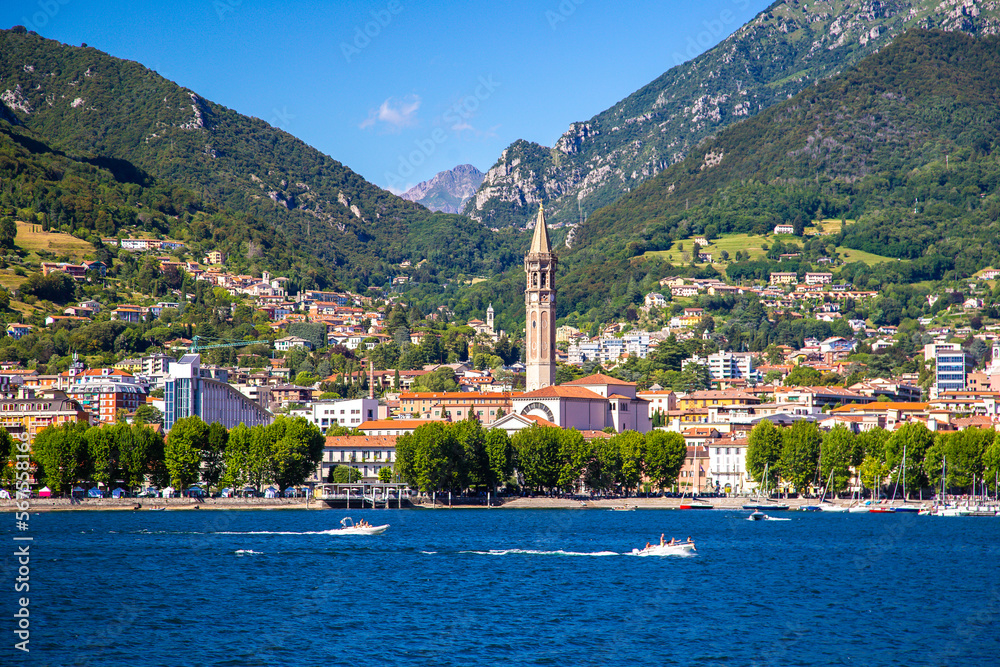 View of the church of Lecco city in the southeastern shore of Lake Como, in northern Italy.